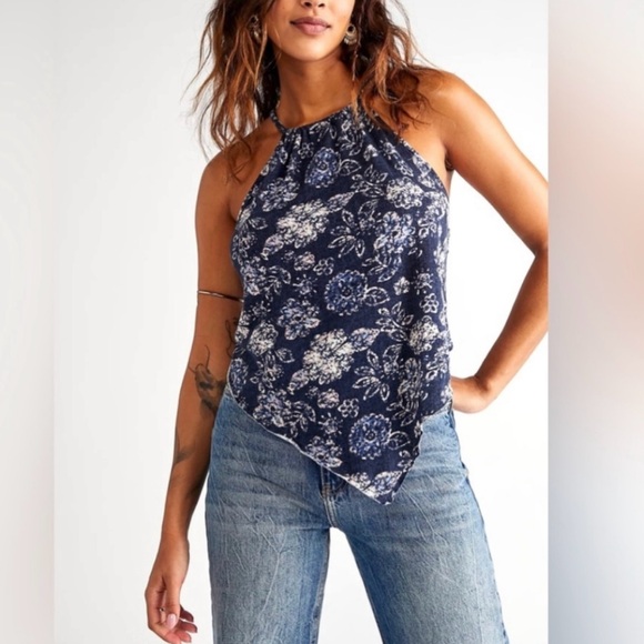 Free People Daisy Floral Halter Neck Top - Blue Combo size Small NWT - Picture 1 of 12